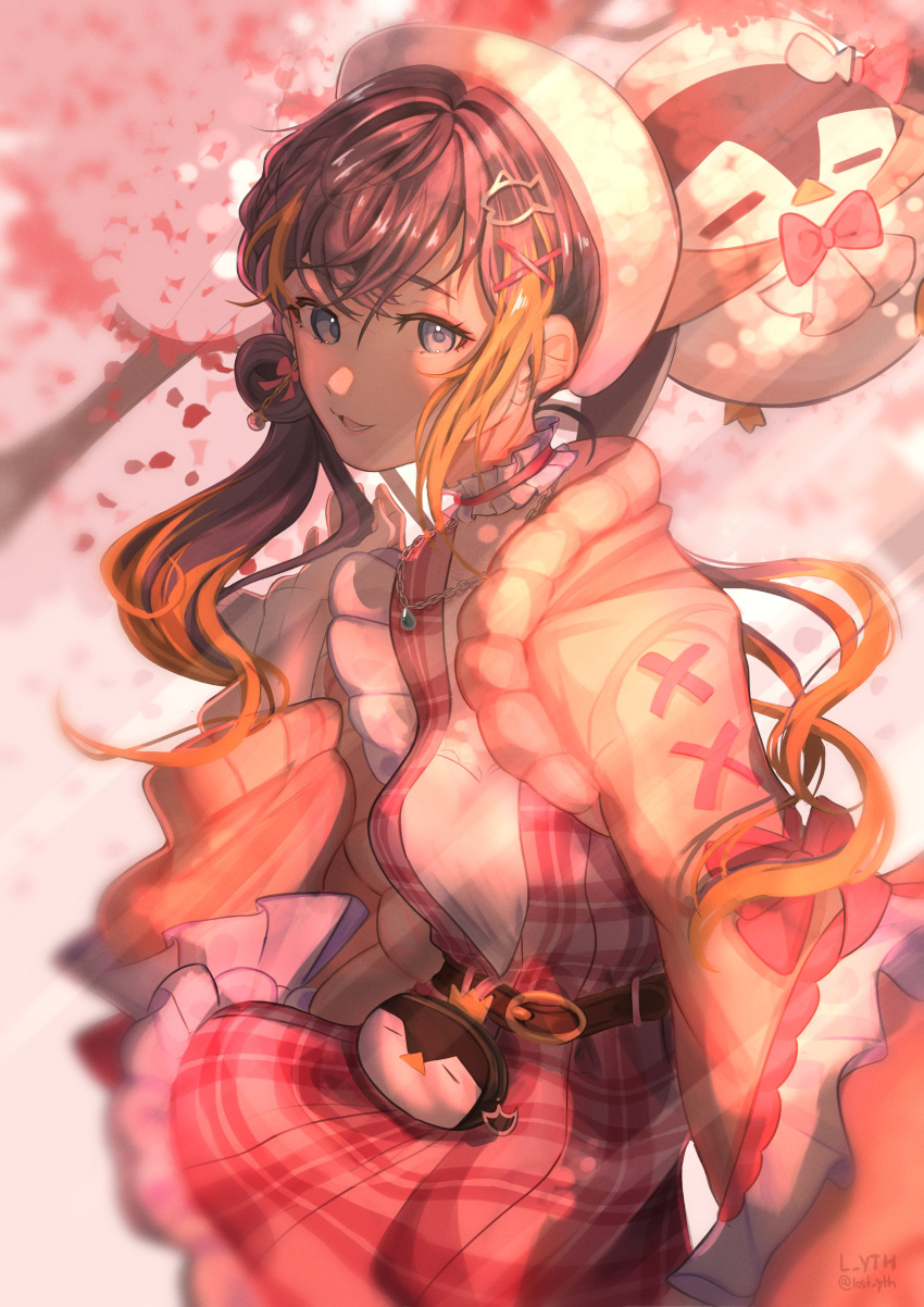 1girl :d absurdres artist_name belt beret blush brown_belt brown_hair cherry_blossoms cowboy_shot dress from_side grey_eyes hair_between_eyes hat highres jacket l_yth long_hair long_sleeves multicolored_hair nijisanji nijisanji_en open_clothes open_jacket open_mouth orange_hair petra_gurin pink_jacket plaid plaid_dress pleated_dress red_dress short_dress side_ponytail smile solo tree twitter_username two-tone_hair virtual_youtuber white_headwear