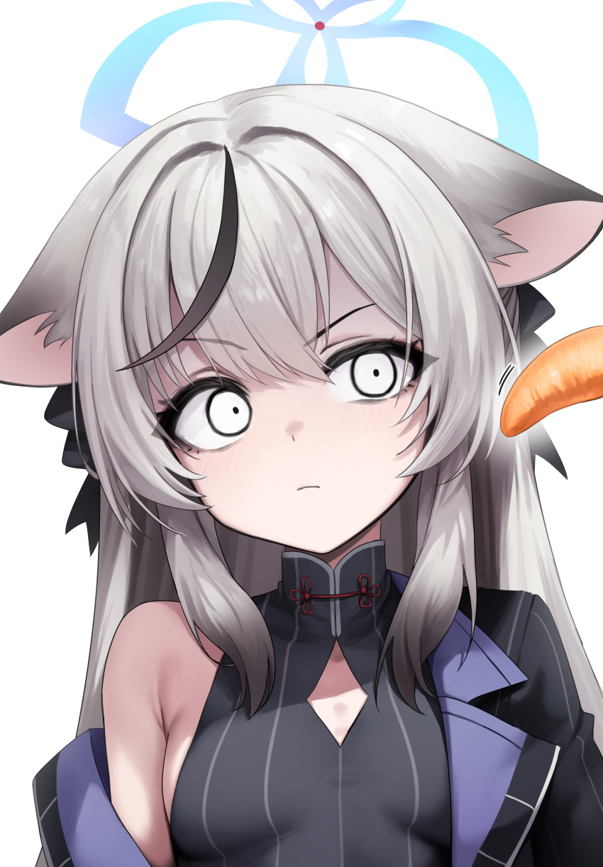 1girl absurdres animal_ears bare_shoulders black_hair blondy_(ldlong) blue_archive breasts carrot food grey_hair halo highres kokona_(blue_archive) long_hair multicolored_hair off_shoulder simple_background small_breasts solo streaked_hair two-tone_hair vegetable white_background wide-eyed