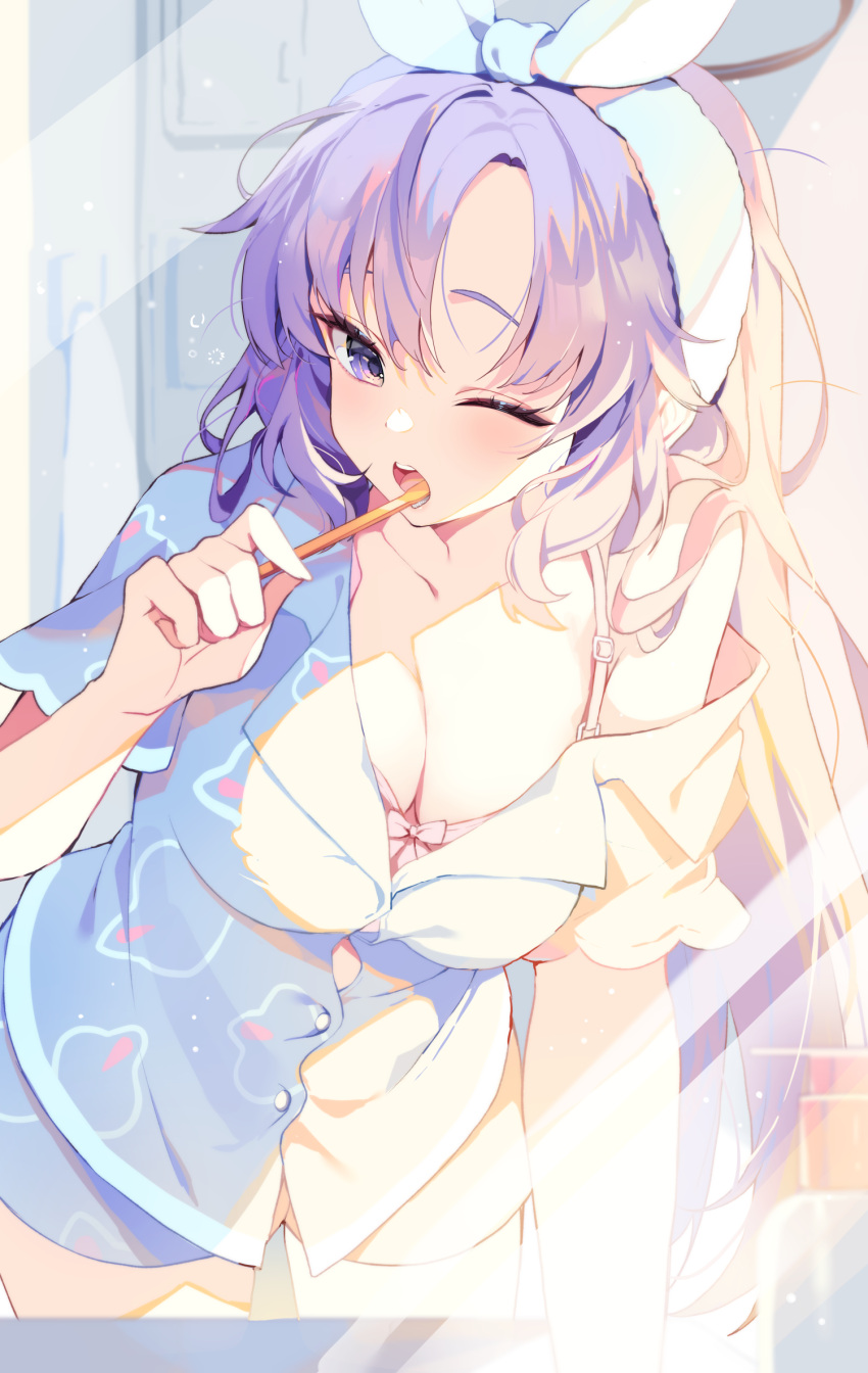 1girl ;o bathroom blue_archive blue_pajamas blush breasts brushing_teeth cleavage hand_up highres indoors leaning_forward long_hair medium_breasts messy_hair mirror off_shoulder one_eye_closed pajamas print_pajamas purple_eyes purple_hair reflection single_bare_shoulder solo sunlight toothbrush very_long_hair waking_up yotte yuuka_(blue_archive)