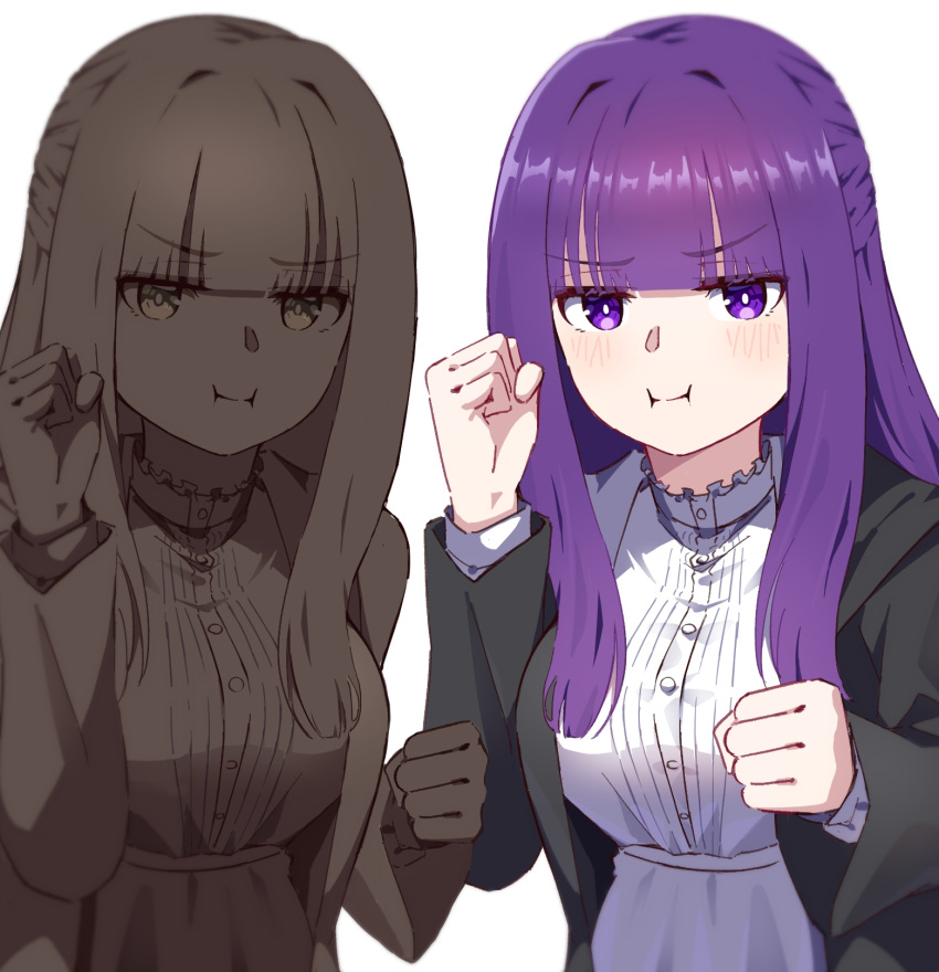 2girls :i black_coat blunt_bangs clenched_hand clone coat commentary_request dress fern_(sousou_no_frieren) hands_up highres hyoe_(hachiechi) jitome long_hair looking_at_viewer multiple_girls open_clothes open_coat pout purple_hair sousou_no_frieren upper_body v-shaped_eyebrows white_dress