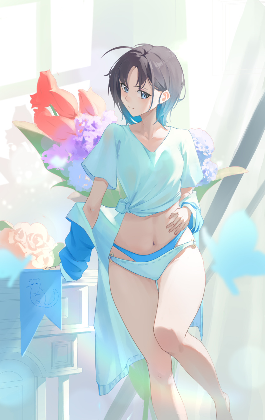 1girl absurdres asakura_toru bikini blue_bikini blue_eyes blue_jacket bouquet cat_symbol flower highres idolmaster idolmaster_shiny_colors jacket multicolored_hair navel nekoyun93 o-ring o-ring_bottom open_clothes shirt short_hair solo swimsuit tied_shirt white_shirt