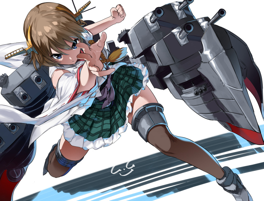 1girl adapted_turret ahoge bare_shoulders blue_eyes blush breasts brown_hair cannon detached_sleeves flipped_hair gegeron green_skirt hairband headgear hiei_(kancolle) hiei_kai_ni_(kancolle) highres japanese_clothes kantai_collection machinery medium_breasts nontraditional_miko plaid plaid_skirt ribbon-trimmed_sleeves ribbon_trim rigging short_hair signature skirt solo thighhighs turret white_background