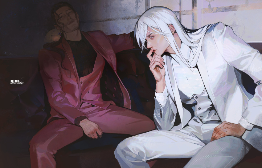 2boys absurdres bleach couch dress_pants dress_shirt highres jacket kyouraku_shunsui long_hair multiple_boys on_couch pandazhangm pants red_jacket red_pants red_suit red_vest shirt sitting suit suit_jacket ukitake_juushirou vest white_hair white_jacket white_pants white_shirt white_suit white_vest