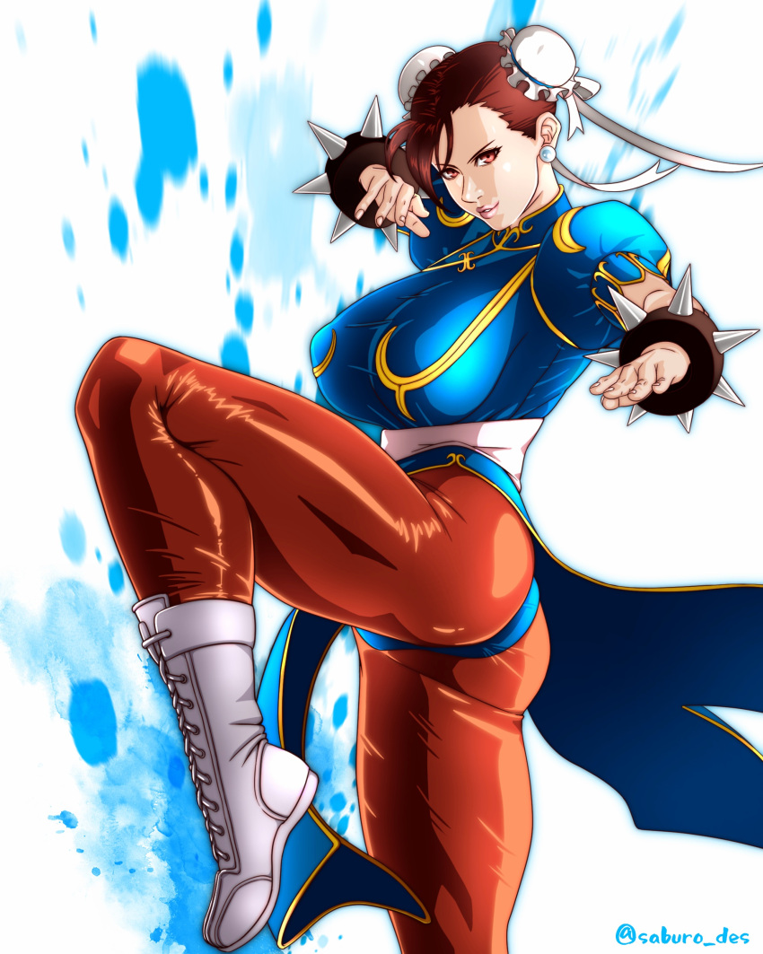 1girl absurdres ass blue_background boots bracelet breasts brown_eyes brown_hair brown_pantyhose bun_cover china_dress chinese_clothes chun-li double_bun dress earrings fighting_stance gradient_background hair_bun highres jewelry large_breasts lips pantyhose pelvic_curtain saburo_des sash short_hair solo spiked_bracelet spikes street_fighter street_fighter_ii_(series) twitter_username