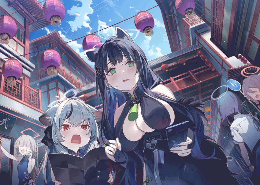 6+girls :d animal_ear_fluff animal_ears bare_shoulders black_dress black_hair blue_archive blue_halo blue_sky blush breasts cellphone china_dress chinese_clothes cloud commentary_request day dress extra_ears fang green_eyes grey_hair halo highres holding holding_phone kaerunoko kokona_(blue_archive) lantern large_breasts long_hair multicolored_hair multiple_girls open_mouth outdoors phone red_eyes red_halo road road_sign shun_(blue_archive) siblings sign sisters skin_fang sky smile streaked_hair street tiger_ears tiger_girl white_hair white_halo