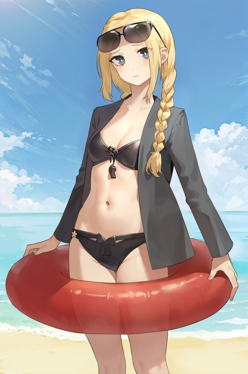 1girl absurdres beach bikini black_bikini black_jacket blonde_hair blue_sky blush braid breasts cleavage cloud cloudy_sky commission cowboy_shot eyewear_on_head girls'_frontline grey_eyes hair_ornament head_tilt highres holding holding_swim_ring jacket long_hair looking_at_viewer mentha official_alternate_costume open_clothes open_jacket outdoors sand serdyukov_(crow_lifeguard)_(girls'_frontline) serdyukov_(girls'_frontline) sky small_breasts solo star_(symbol) star_hair_ornament straight-on sunglasses swim_ring swimsuit water whistle
