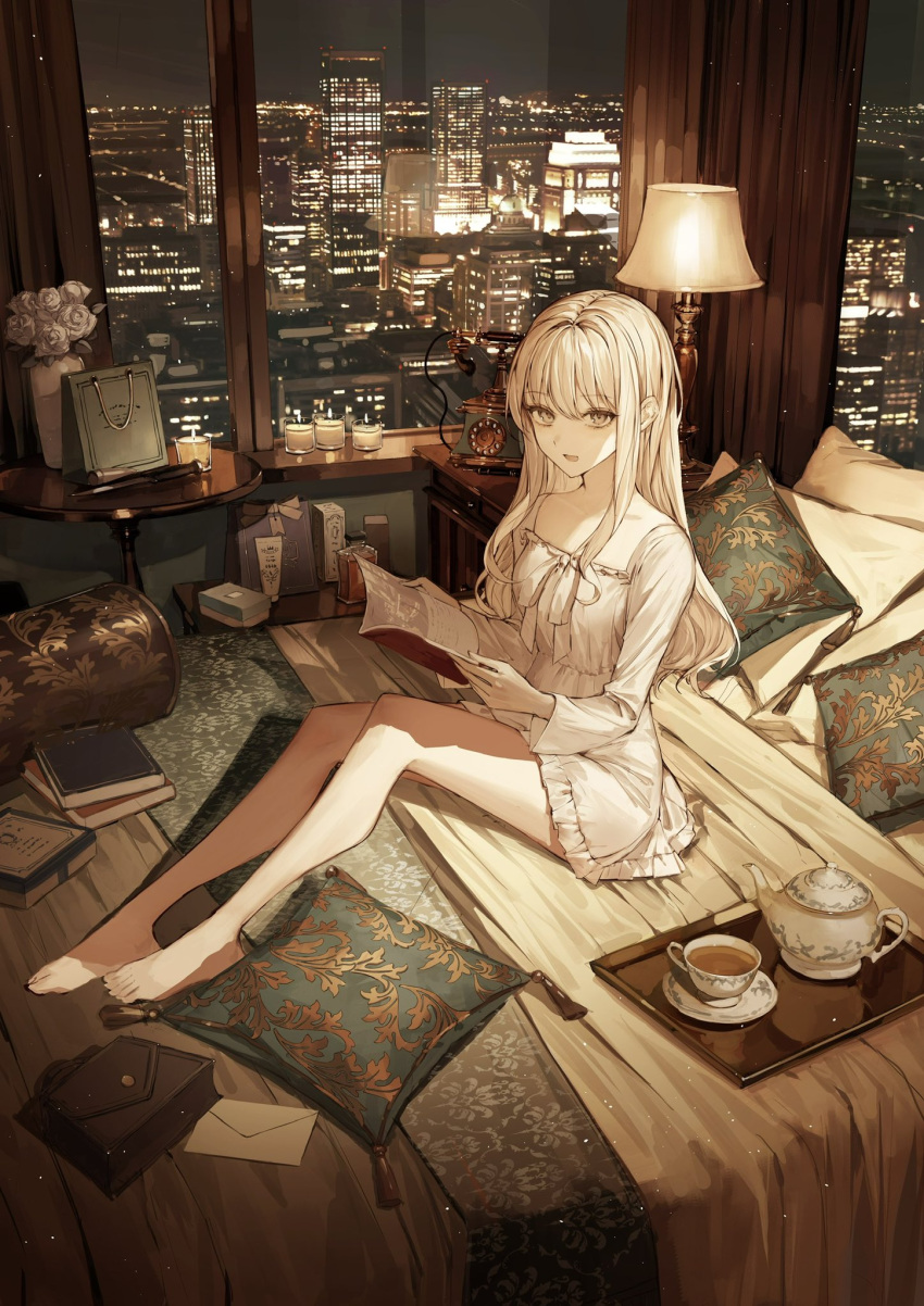 1girl alcohol antique_phone bag barefoot blonde_hair book box breasts candle choppy_bangs city_lights cityscape cup cushion dress envelope flower full_body handbag highres lamp long_hair looking_at_viewer medium_breasts nightstand on_bed open_mouth original phone pillow plant potted_plant reading rose rotary_phone sidelocks sitting tamitami teacup teapot tray whiskey white_dress white_flower white_rose window yellow_eyes