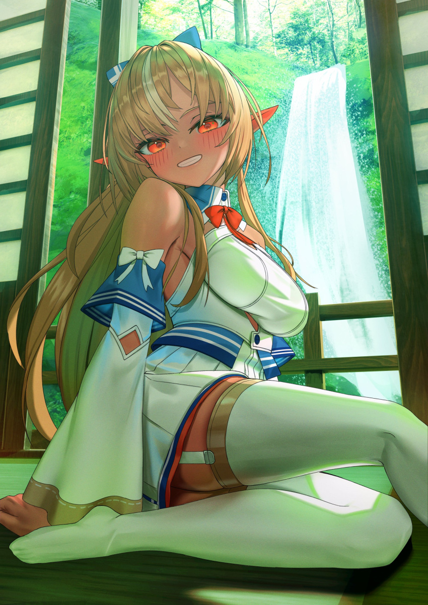 1girl absurdres blonde_hair breasts dark-skinned_female dark_skin day detached_sleeves garter_straps grin highres hololive indoors large_breasts long_hair looking_at_viewer multicolored_hair parted_lips pointy_ears ponytail red_eyes shiranui_flare shiranui_flare_(1st_costume) sitting smile solo teeth thighhighs virtual_youtuber water waterfall white_hair white_thighhighs yama_narashi