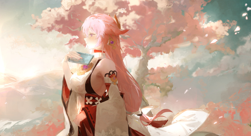 1girl absurdres animal_ears bare_shoulders book commentary_request detached_sleeves fox_ears genshin_impact highres holding holding_book kyoro_ina long_sleeves pink_hair shirt solo upper_body white_shirt yae_miko