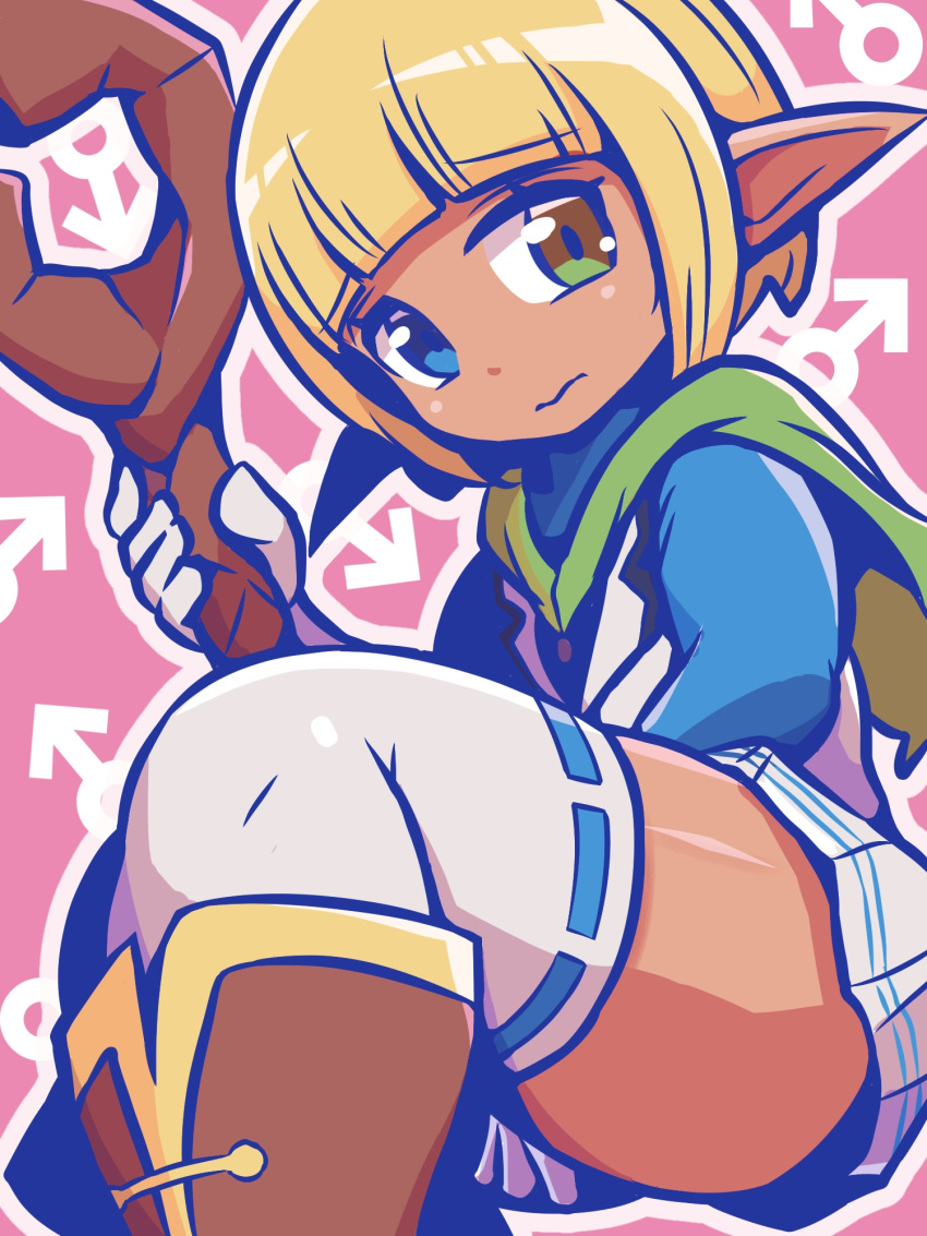 1boy blonde_hair blue_eyes blunt_bangs boots cape dark_elf elf gloves green_cape green_eyes heterochromia highres mare_bello_fiore miniskirt minoido otoko_no_ko overlord_(maruyama) pleated_skirt pointy_ears shirt short_hair skirt thighhighs vest white_skirt white_vest wooden_staff