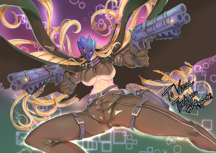 1girl absurdres beelstarmon belt belt_collar black_belt black_gloves black_jacket black_mask black_pants black_scarf blonde_hair breasts closed_mouth collar commentary_request commission cropped_jacket digimon digimon_(creature) dual_wielding eye_mask floating_hair gloves glowing glowing_eye gun heterochromia highres holding holding_gun holding_weapon holster jacket kamiya_jun large_breasts leather leather_jacket leather_pants long_hair long_sleeves mask multiple_barrel_gun navel pants pink_eyes red_eyes scarf sidelocks skeb_commission solo standing stomach thigh_belt thigh_holster thigh_strap third_eye tight_clothes tight_pants trigger_discipline underboob weapon zipper