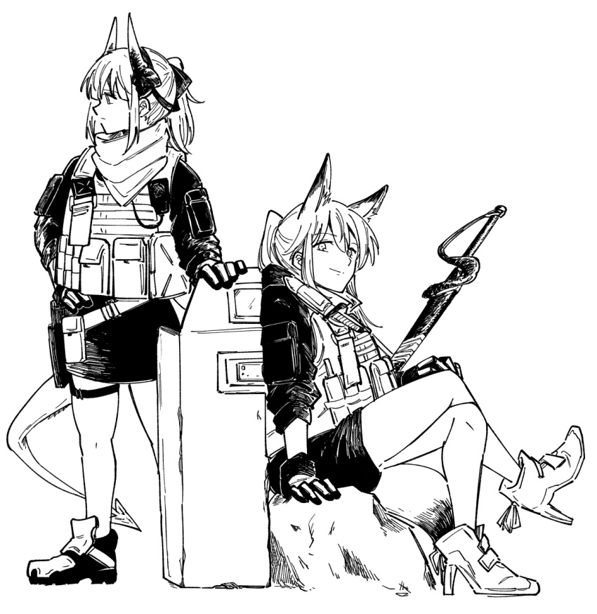 2girls animal_ears arknights ballistic_shield bulletproof_vest clip_studio_paint_(medium) closed_mouth commentary_request crossed_legs dragon_girl dragon_horns dragon_tail expressionless fox_ears fox_girl fox_tail franka_(arknights) full_body gloves greyscale hair_between_eyes hand_on_own_hip hand_on_own_knee haruichi_(sazanami_complex) high_heels highres horns jacket liskarm_(arknights) long_sleeves looking_at_viewer looking_to_the_side making-of_available medium_hair miniskirt monochrome multiple_girls pencil_skirt pouch profile radio rock scabbard scarf sheath sheathed shield shoes simple_background sitting skirt sleeves_pushed_up smile standing strap sword tail thigh_strap weapon white_background