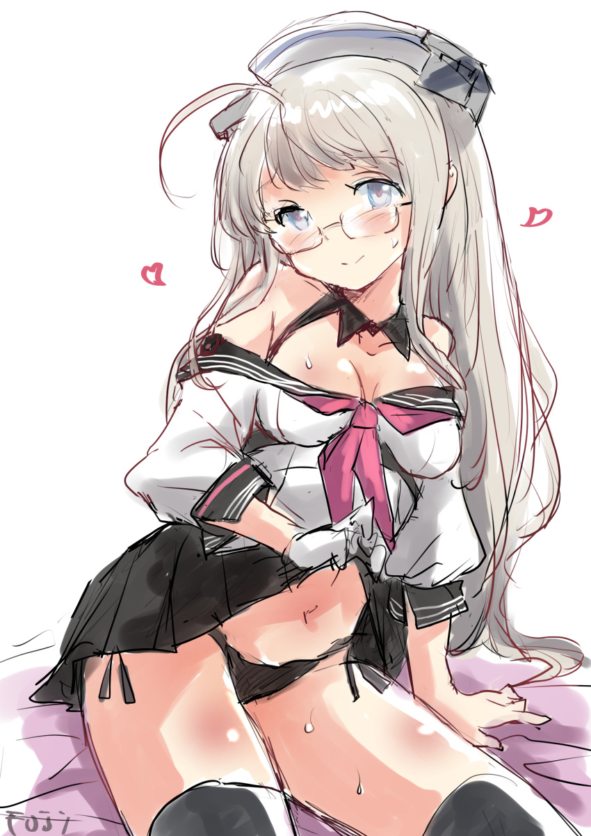 1girl ahoge black_panties black_sailor_collar black_skirt black_thighhighs breasts cleavage clothes_lift dixie_cup_hat fuji_(pixiv24804665) glasses gloves grey_eyes grey_hair hat heart heywood_l._edwards_(kancolle) highres kantai_collection long_hair military_hat neckerchief off-shoulder_shirt off_shoulder panties pink_neckerchief pleated_skirt sailor_collar sailor_shirt school_uniform serafuku shirt side-tie_panties simple_background single_glove skirt skirt_lift smile solo thighhighs underwear white_background white_gloves white_shirt