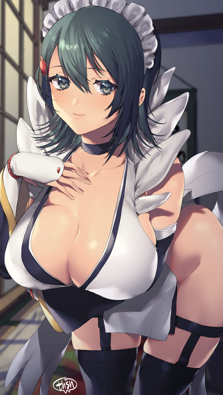 1girl apron bare_shoulders black_hair black_leotard breasts cleavage close-up collarbone commentary flipped_hair frilled_leotard frills hand_on_own_chest highleg highleg_leotard highres huge_breasts indoors iroha_(samurai_spirits) leotard light_smile looking_at_viewer maid maid_apron maid_headdress maid_leotard murata_tefu samurai_spirits sideboob solo sparkling_eyes thick_thighs thighhighs thighs unconventional_maid wide_hips