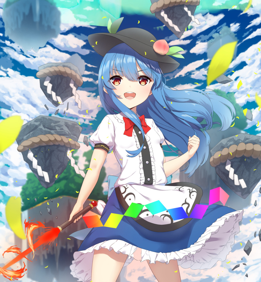 1girl ambasa aurora black_headwear blue_hair blue_skirt blue_sky bow bowtie clenched_hand cloud cloudy_sky commentary_request day falling_petals fire floating food fruit fruit_hat_ornament hat highres hinanawi_tenshi holding holding_sword holding_weapon keystone leaf leaf_hat_ornament long_hair open_mouth peach peach_hat_ornament petals puffy_short_sleeves puffy_sleeves rainbow_gradient rainbow_order red_bow red_bowtie red_eyes rock rope shide shimenawa shirt short_sleeves skirt sky smile solo sword sword_of_hisou touhou weapon white_shirt yellow_petals