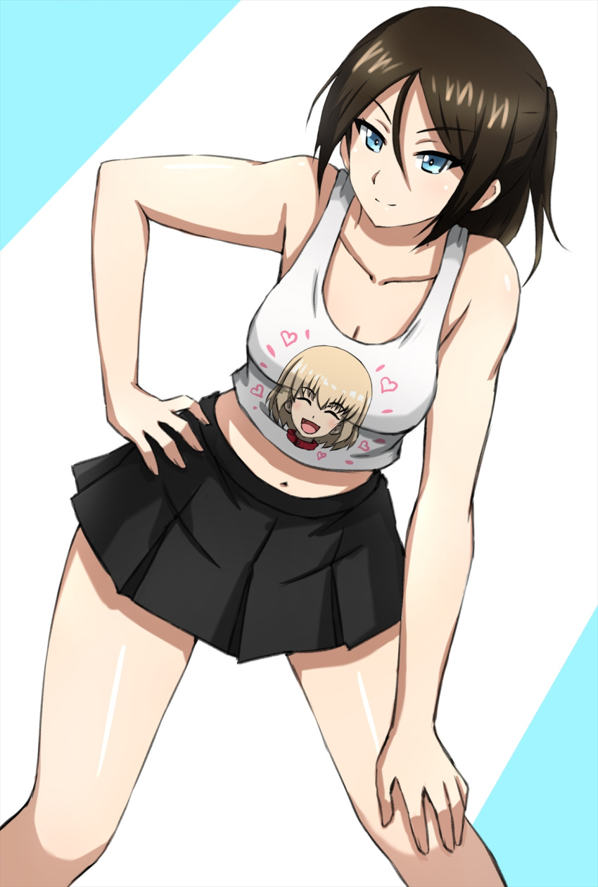 1girl alternate_hairstyle black_skirt blue_eyes breasts brown_hair character_print cleavage girls_und_panzer hair_up hand_on_own_hip hand_on_own_knee heart highres katyusha_(girls_und_panzer) leaning_forward leaning_to_the_side long_hair looking_at_viewer medium_breasts midriff miniskirt navel nonna_(girls_und_panzer) omachi_(slabco) pleated_skirt ponytail print_tank_top skirt solo standing swept_bangs tank_top white_background white_tank_top
