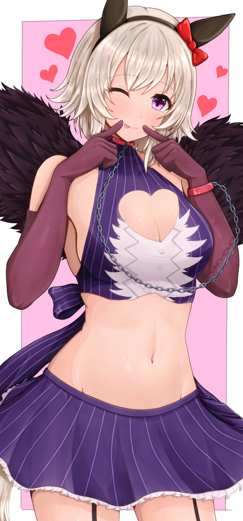 1girl absurdres alternate_costume animal_ears black_garter_straps black_hairband border bow breasts cleavage collar commentary_request cowboy_shot curren_chan_(umamusume) ear_bow ear_covers elbow_gloves fake_wings garter_straps gloves grey_hair hairband heart highres horse_ears horse_girl large_breasts m172/minatsu midriff navel one_eye_closed pink_background purple_eyes purple_gloves purple_shirt purple_skirt red_bow shirt sideboob simple_background skirt smile solo tongue tongue_out umamusume white_border wings