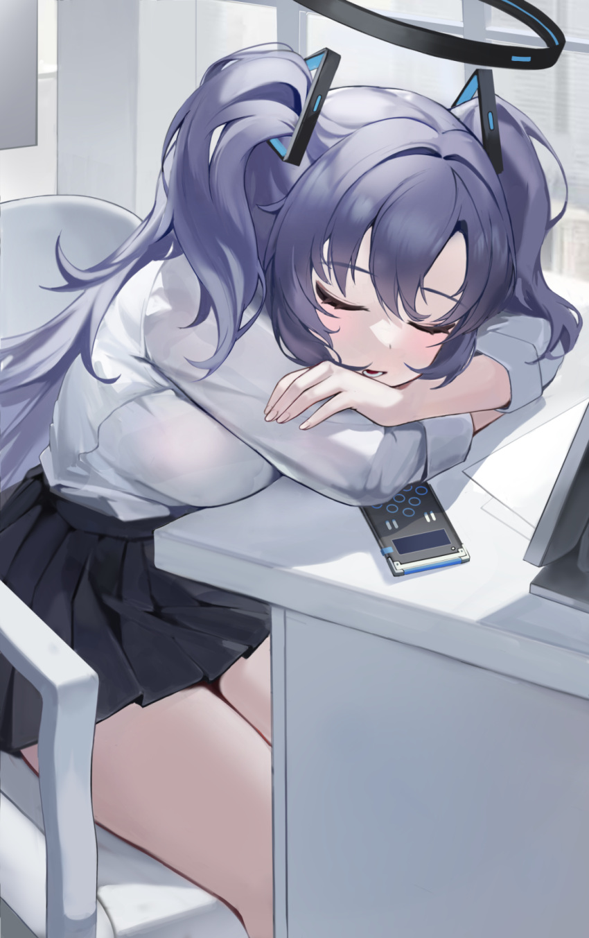 1girl arm_rest bare_legs black_skirt blue_archive breasts fingernails halo head_rest highres indoors long_sleeves medium_breasts miniskirt pleated_skirt purple_hair school_uniform shirt shirt_tucked_in sitting skirt sleeping solo thighs two_side_up uyuri_(89976220) white_shirt yuuka_(blue_archive)