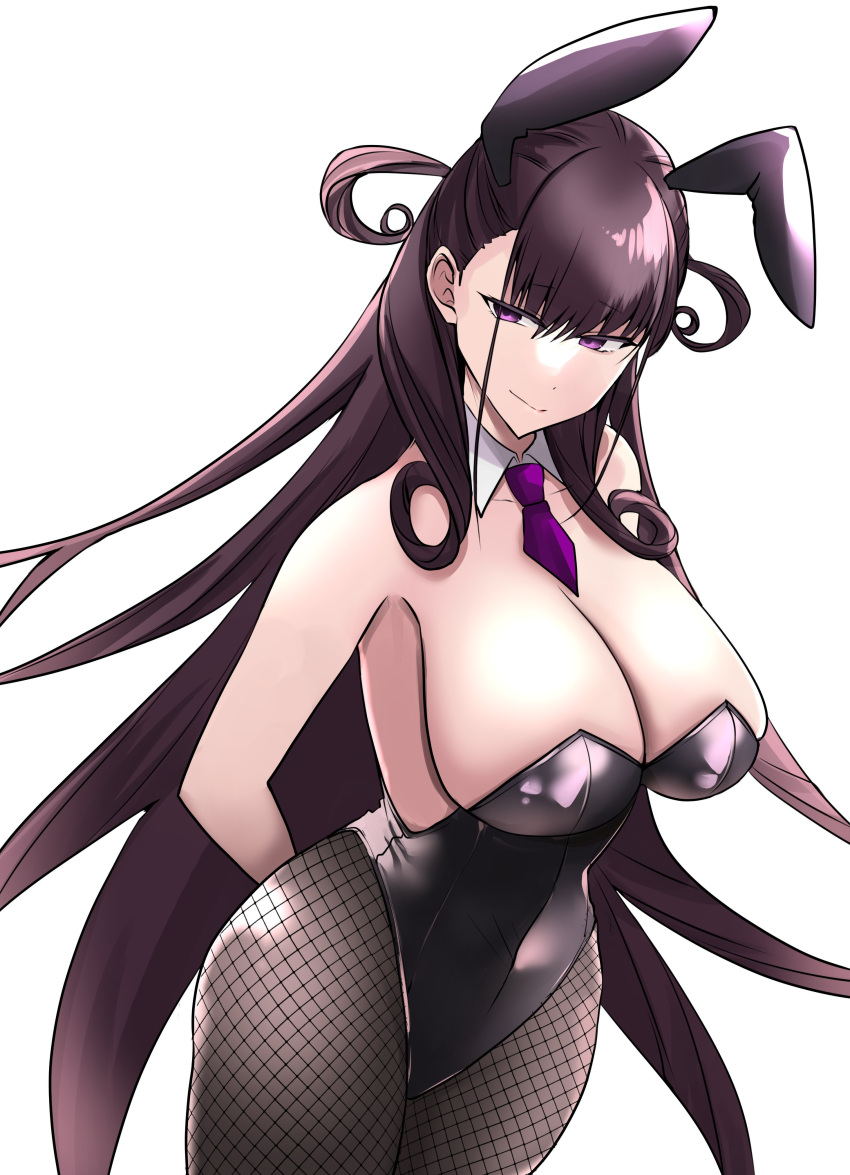 1girl absurdres animal_ears arms_behind_back breasts brown_hair cleavage detached_collar fate/grand_order fate_(series) fishnet_pantyhose fishnets highres kankitsu_kei large_breasts leotard long_hair murasaki_shikibu_(fate) necktie pantyhose playboy_bunny purple_eyes purple_necktie rabbit_ears strapless strapless_leotard white_background