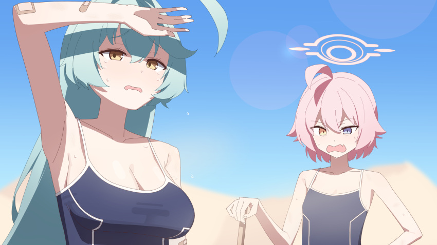 2girls ahoge aqua_hair arm_up armpits bare_shoulders blonde_hair blue_archive blue_eyes blue_sky breasts cleavage collarbone competition_school_swimsuit double-parted_bangs drooling fang heterochromia highres hoshino_(blue_archive) hoshino_(young)_(blue_archive) mikan_battery mouth_drool multiple_girls outdoors pink_hair school_swimsuit shading_eyes short_hair skin_fang sky small_breasts sunlight sweat swimsuit yellow_eyes yume_(blue_archive)