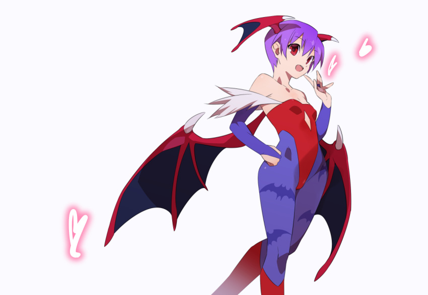 1girl animal_print bare_shoulders bat_print breasts bridal_gauntlets clenched_hand clothing_cutout commentary_request cowboy_shot demon_girl demon_wings head_wings heart highleg highleg_leotard kaidou_zx leotard lilith_aensland looking_at_viewer multiple_wings pantyhose print_pantyhose purple_bridal_gauntlets purple_hair purple_pantyhose red_eyes red_leotard simple_background small_breasts solo stomach_cutout vampire_(game) waving white_background wings