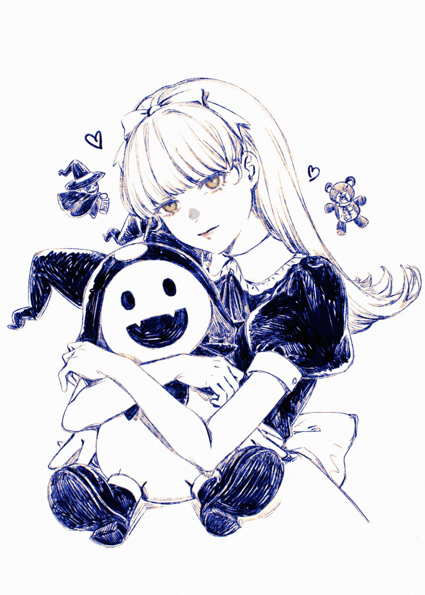 1girl absurdres alice_(megami_tensei) dress hairband highres holding holding_stuffed_toy jack_frost light_smile looking_at_viewer machihazure monochrome puffy_short_sleeves puffy_sleeves shin_megami_tensei short_sleeves sketch spot_color stuffed_animal stuffed_toy teddy_bear upper_body yellow_eyes