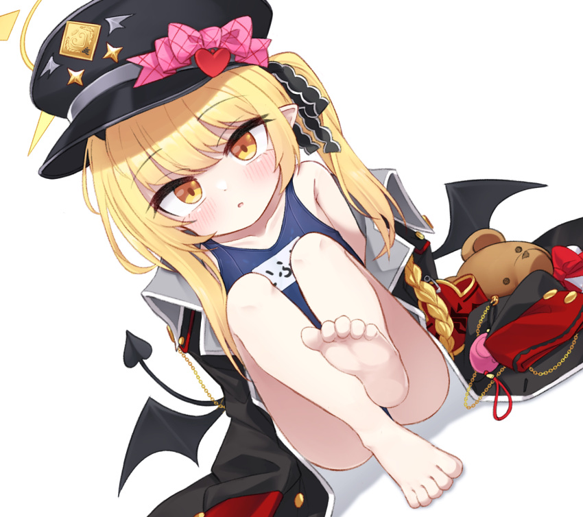 1girl armband armpit_crease bare_legs barefoot black_coat black_headwear black_ribbon black_tail black_wings blonde_hair blue_archive blue_one-piece_swimsuit bow coat collarbone commentary_request crime_prevention_buzzer demon_girl demon_tail demon_wings dot_nose dutch_angle feet flat_chest foot_up gehenna_academy_logo hair_between_eyes hair_ribbon halo hat hat_bow hat_ornament heart heart_hat_ornament highres ibuki_(blue_archive) jokebag korean_commentary long_hair looking_at_viewer low_wings name_tag old_school_swimsuit one-piece_swimsuit open_clothes open_coat parted_lips peaked_cap pink_bow pointy_ears red_armband ribbon safety_pin school_swimsuit single_bare_shoulder single_off_shoulder sitting solo swimsuit tail toes tsurime wings yellow_eyes yellow_halo