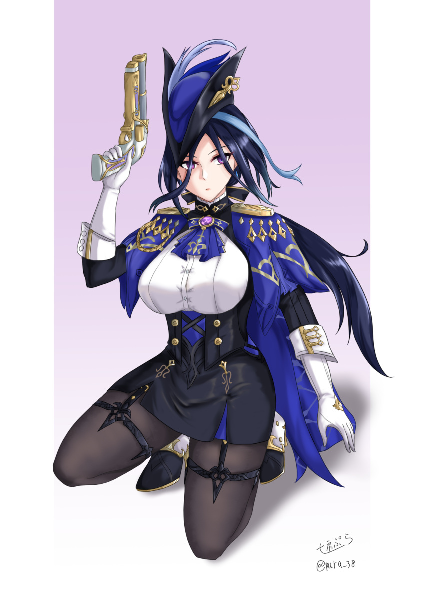 1girl ascot black_hair black_pantyhose black_skirt blue_ascot blue_cape breasts cape clorinde_(genshin_impact) commentary_request earrings genshin_impact gradient_background gun hand_up handgun hat highres holding holding_gun holding_weapon jewelry kneeling large_breasts long_hair looking_at_viewer pantyhose pencil_skirt pura_38 purple_background purple_eyes shirt skirt solo thigh_strap thighs tricorne very_long_hair weapon white_shirt