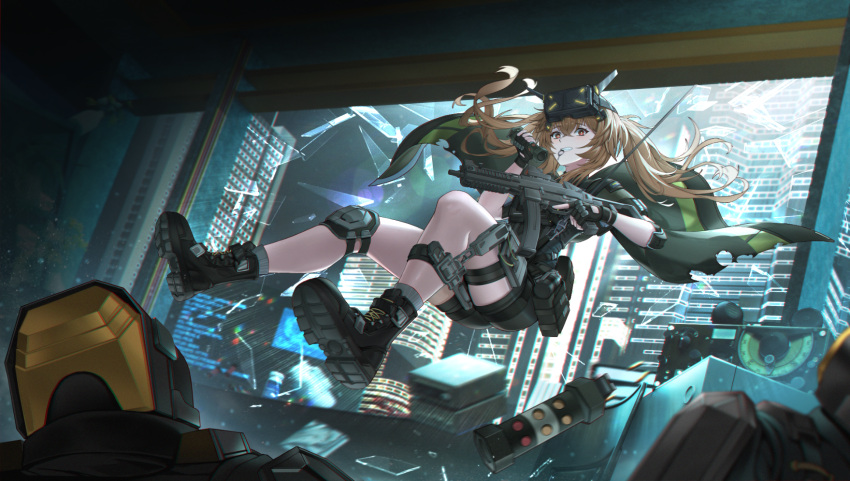 1girl 2others black_cape black_footwear black_gloves black_shorts boots broken_glass broken_window brown_eyes brown_hair cape carabiner cityscape clenched_teeth commission explosive fingerless_gloves flashbang full_body girls'_frontline girls'_frontline_2:_exilium glass gloves grenade grenade_pin_in_mouth grey_socks gun highres holding holding_grenade holding_gun holding_weapon knee_pads lan_liyu_renzi looking_at_viewer multiple_others parted_lips rope second-party_source shorts single_knee_pad socks teeth trigger_discipline twintails ump9_(girls'_frontline) weapon