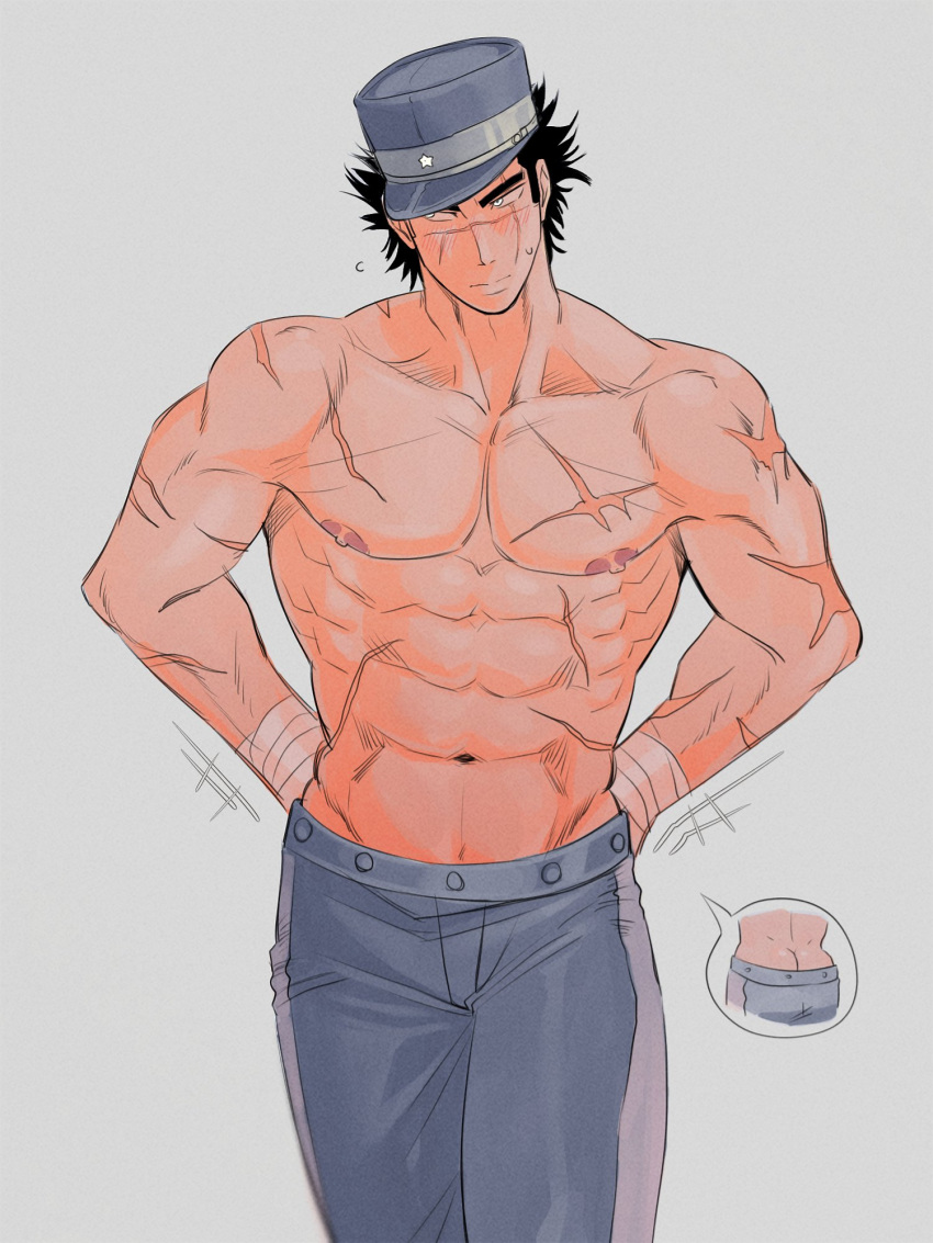 1boy abs averting_eyes bara butt_crack cowboy_shot flexing_pectorals golden_kamuy hat head_tilt highres kepi kon_likes_corn legs_together male_focus military_hat multiple_views muscular muscular_male navel nipples pectorals scar scar_on_cheek scar_on_face scar_on_nose short_hair shy standing stomach sugimoto_saichi tilted_headwear topless_male walking