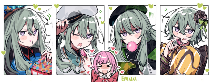 2girls beret candle_no_kaori_wa_omoide_to_tomo_ni_(project_sekai) chocolate eating emne food green_hair green_headwear hat highres kusanagi_nene looking_at_viewer low-tied_sidelocks multiple_girls multiple_views one_eye_closed ootori_emu open_mouth pink_hair pop_in_my_heart!!_(project_sekai) popcorn project_sekai purple_eyes short_hair side_ponytail white_headwear