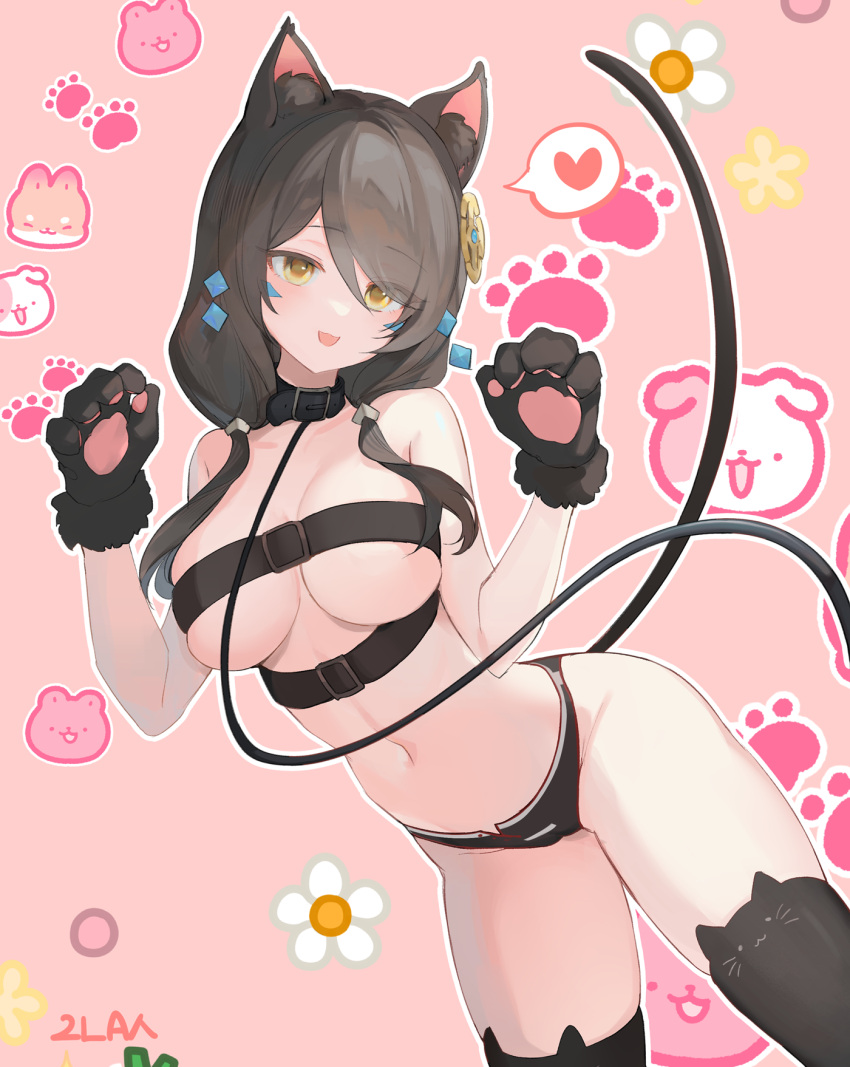 1girl animal_ear_legwear animal_ears animal_hands artist_request bare_arms bare_shoulders belt belt_bra bikini bikini_bottom_only black_bikini black_choker black_hair black_thighhighs breasts cat_ear_legwear cat_ears cat_girl cat_tail choker cleavage commission cowboy_shot elsword eve_(2nas)_(elsword) eve_(elsword) facial_mark fur-trimmed_gloves fur_trim gloves hair_ornament hair_over_shoulder hands_up highres kemonomimi_mode leaning_forward leash long_hair looking_at_viewer low_twintails medium_breasts multiple_belts navel no_headwear open_mouth paw_gloves second-party_source skindentation smile solo standing stomach swimsuit tail thighhighs thighs twintails yellow_eyes