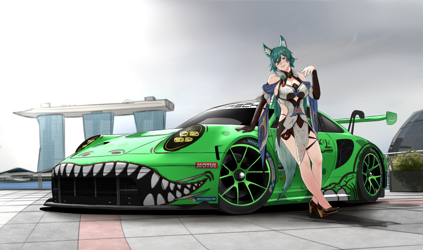 1girl absurdres animal_ear_fluff animal_ears ao_racing black_footwear breasts car cleavage cleavage_cutout clothing_cutout dress gloves green_eyes green_hair hair_between_eyes head_tilt highres honkai:_star_rail honkai_(series) hot_wheels imsa_sportscar_championship looking_at_viewer marina_bay_sands medium_breasts michelin michelin_man motor_vehicle motul_(company) partially_fingerless_gloves porsche porsche_911 porsche_992 race_vehicle racecar raffijoe5 rexy_(ao_racing) shoulder_cutout singapore single_glove smile solo spoiler_(automobile) sponsor tail vehicle_focus white_dress yukong_(honkai:_star_rail)