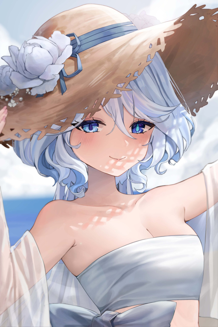1girl absurdres bare_shoulders blue_eyes blue_hair blush breasts cleavage closed_mouth cloud cloudy_sky commentary drop-shaped_pupils flower furina_(genshin_impact) genshin_impact hat hat_flower heterochromia highres horizon light_blue_hair long_hair looking_at_viewer medium_breasts mismatched_pupils multicolored_hair ocean outdoors see-through sky smile solo strapless straw_hat streaked_hair sun_hat tube_top ueng upper_body white_tube_top