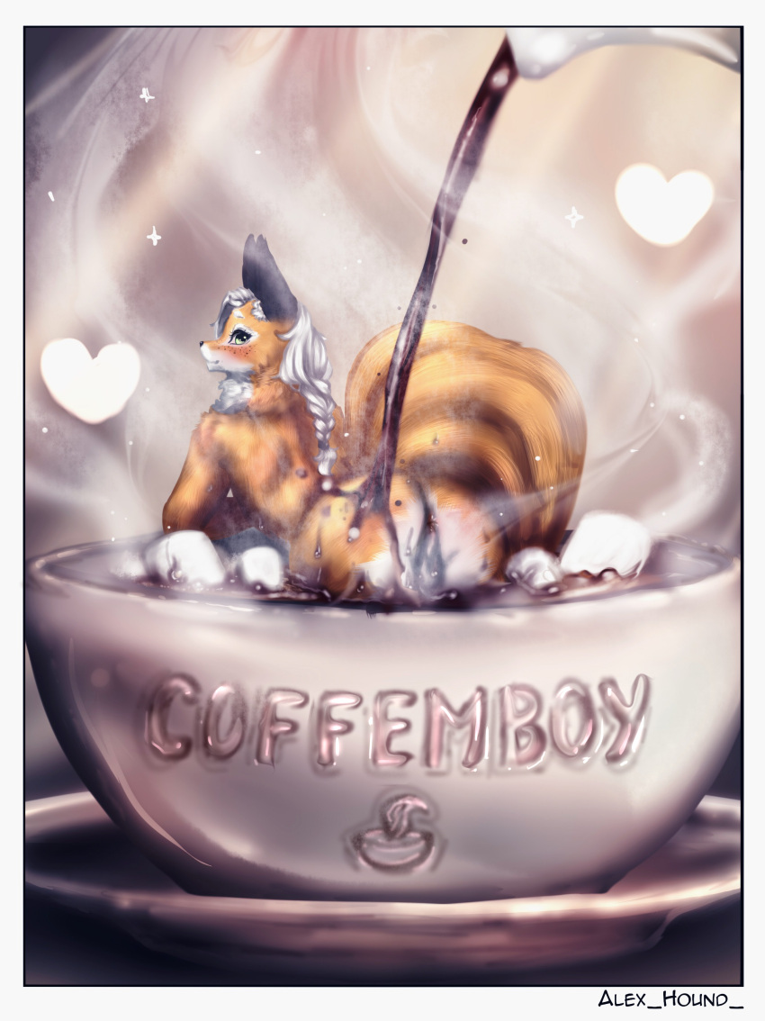 absurd_res alex_hound anthro anus beverage butt candy canid canine coffee connor_(alex_hound) container cup dessert food fox girly hi_res male mammal marshmallow solo