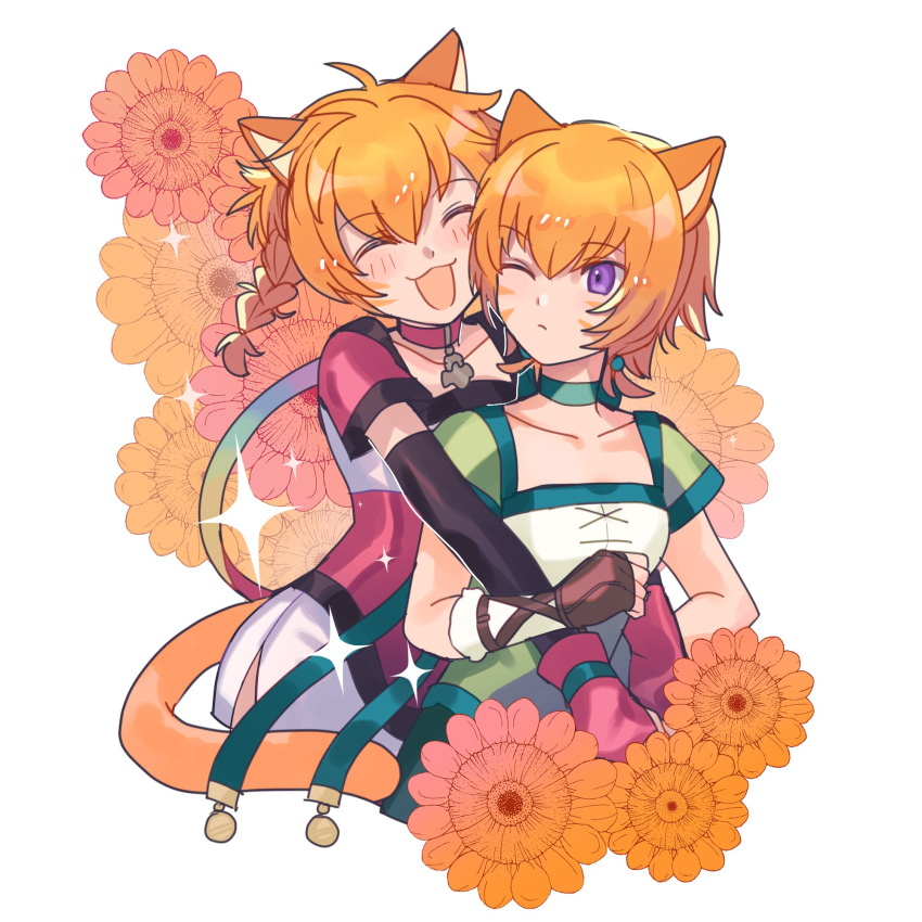 2girls animal_ears belt braid brown_belt cat_ears cat_girl cat_tail choker facial_mark fire_emblem fire_emblem:_path_of_radiance fire_emblem:_radiant_dawn green_choker green_shorts highres hug kurimori lethe_(fire_emblem) lyre_(fire_emblem) multiple_girls orange_hair orange_tail purple_eyes shorts siblings side_slit side_slit_shorts sisters tail whisker_markings wrist_wrap