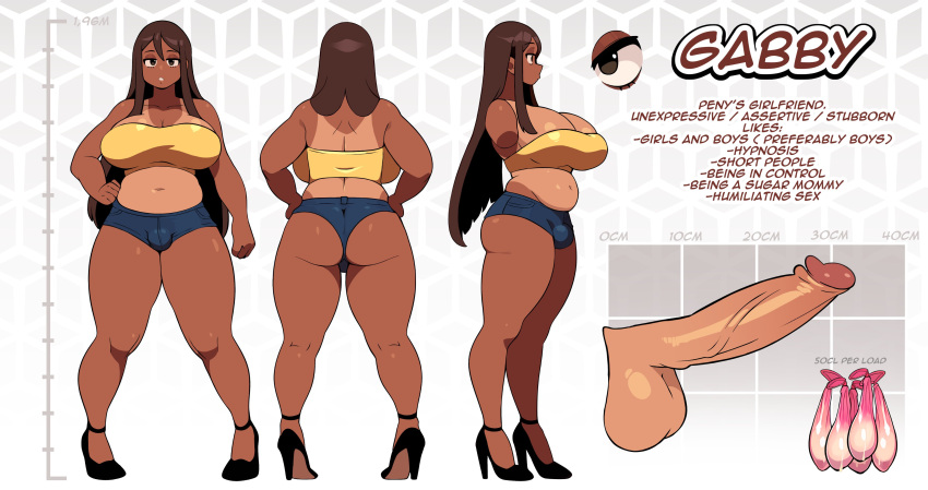 1girl absurdres ass brown_eyes brown_hair bulge character_name condom english_commentary futanari hair_between_eyes height high_heels highres lewdpenydraw long_hair multiple_views navel original penis reference_sheet short_shorts shorts standing strapless tan tanlines testicles tube_top used_condom