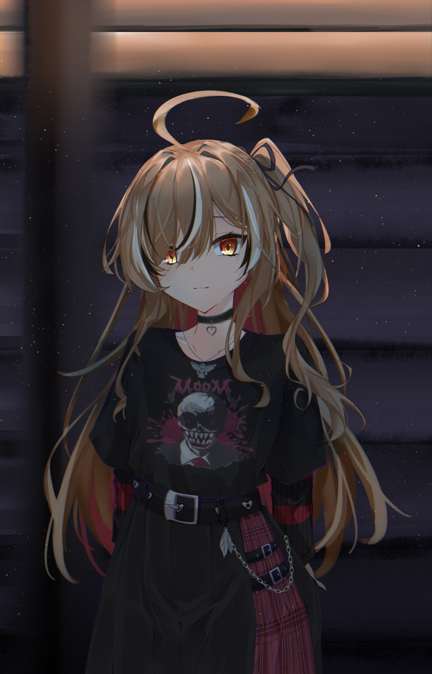absurdres ahoge belt belt_chain black_choker black_shirt black_skirt black_sweater blurry blurry_background brown_eyes brown_hair chain_necklace choker colored_inner_hair emo_fashion hair_over_one_eye heart heart_choker highres hololive hololive_english huge_ahoge jewelry lace-trimmed_choker lace_trim looking_at_viewer multicolored_hair namiyaahm nanashi_mumei nanashi_mumei_(4th_costume) necklace nightmare_(nanashi_mumei) official_alternate_costume official_alternate_hairstyle one_side_up plaid plaid_skirt pleated_skirt red_skirt red_sweater shirt skirt streaked_hair striped_clothes striped_sweater sweater sweater_under_shirt t-shirt two-tone_sweater virtual_youtuber