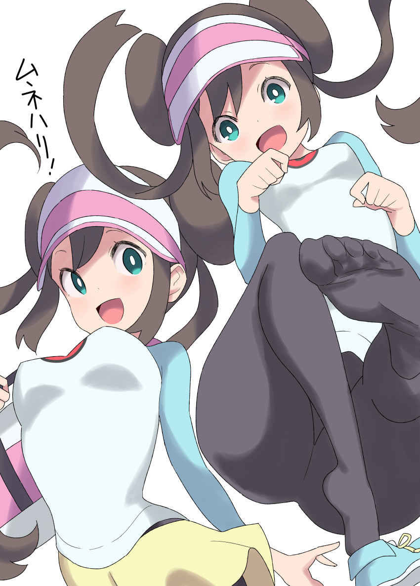 1girl :d absurdres aqua_eyes bag black_hair black_pantyhose bright_pupils doughnut_hair_bun feet hair_bun herukerua highres long_sleeves looking_at_viewer lying on_back pantyhose paw_pose pokemon pokemon_bw2 rosa_(pokemon) shirt simple_background skirt smile solo toes twintails visor_cap white_background white_pupils