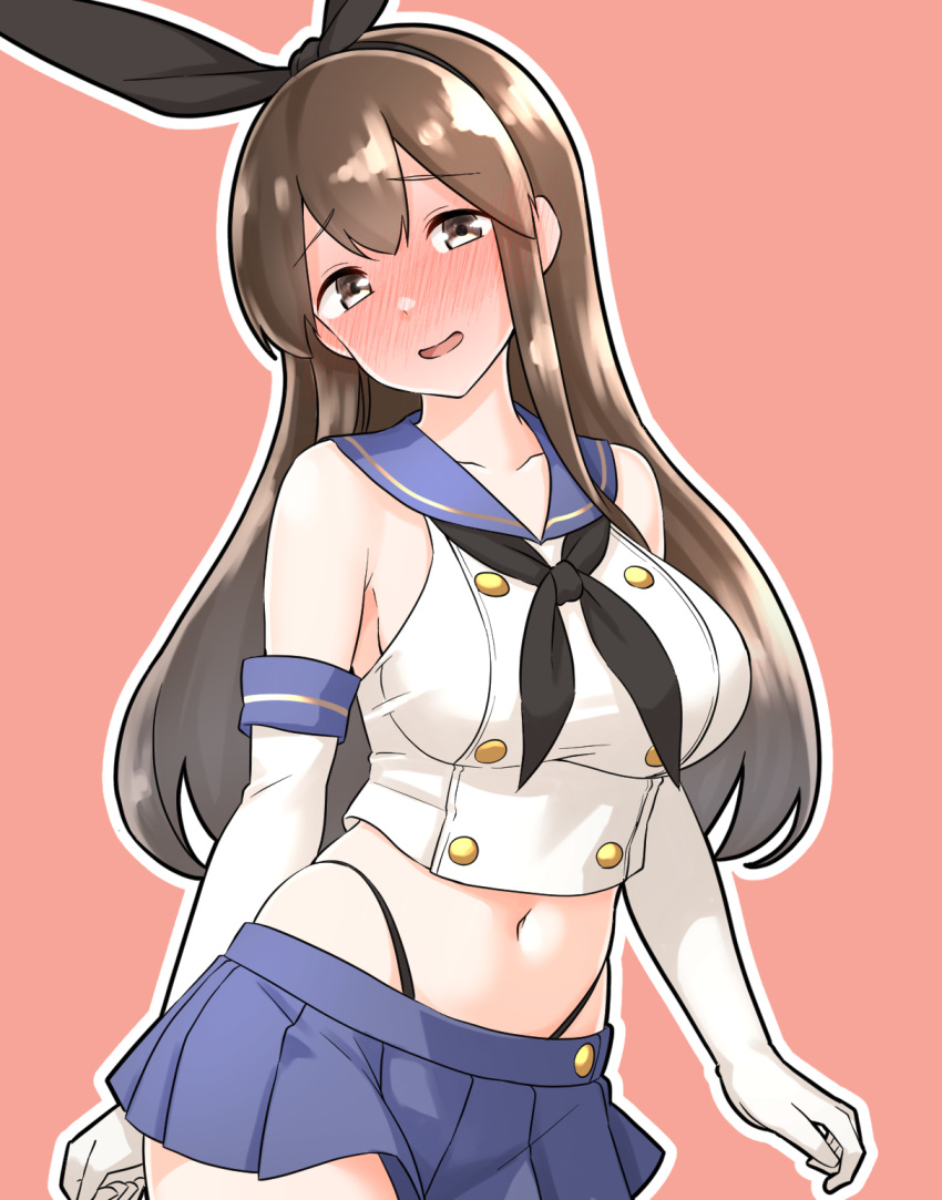 1girl akagi_(kancolle) black_hairband black_neckerchief black_panties blue_sailor_collar blue_skirt blush breasts brown_eyes brown_hair cosplay crop_top elbow_gloves embarrassed furaggu_(frag_0416) gloves gradient_background hairband highleg highleg_panties highres kantai_collection large_breasts long_hair looking_at_viewer microskirt navel neckerchief open_mouth panties pink_background sailor_collar shimakaze_(kancolle) shimakaze_(kancolle)_(cosplay) skirt solo underwear white_gloves