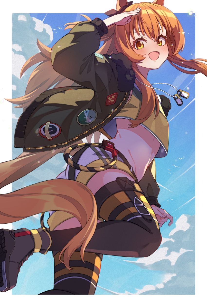 1girl animal_ears blush bomber_jacket bow breasts dog_tags ear_bow ear_ribbon green_jacket hair_between_eyes highres horse_ears horse_girl horse_tail iam_(tetsu0ekaki) jacket long_hair long_sleeves looking_at_viewer mayano_top_gun_(umamusume) open_mouth orange_eyes orange_hair orange_tail shirt shorts smile solo tail two_side_up umamusume