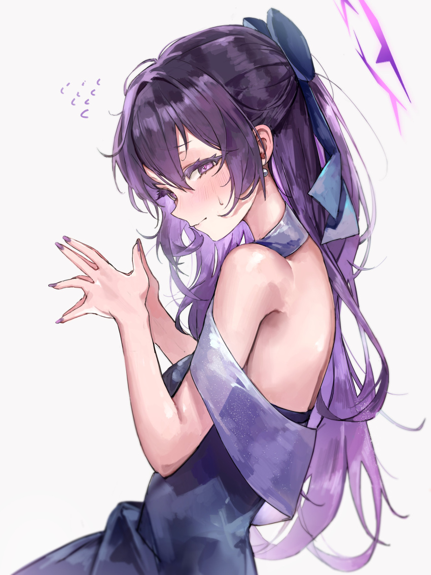 1girl absurdres bare_shoulders blue_archive blush bow commentary_request dress earrings hair_between_eyes hair_bow halo haruka_(blue_archive) highres jewelry kuren_kren long_hair looking_at_viewer looking_to_the_side nail_polish purple_eyes purple_hair purple_nails sleeveless sleeveless_dress solo sweatdrop white_background