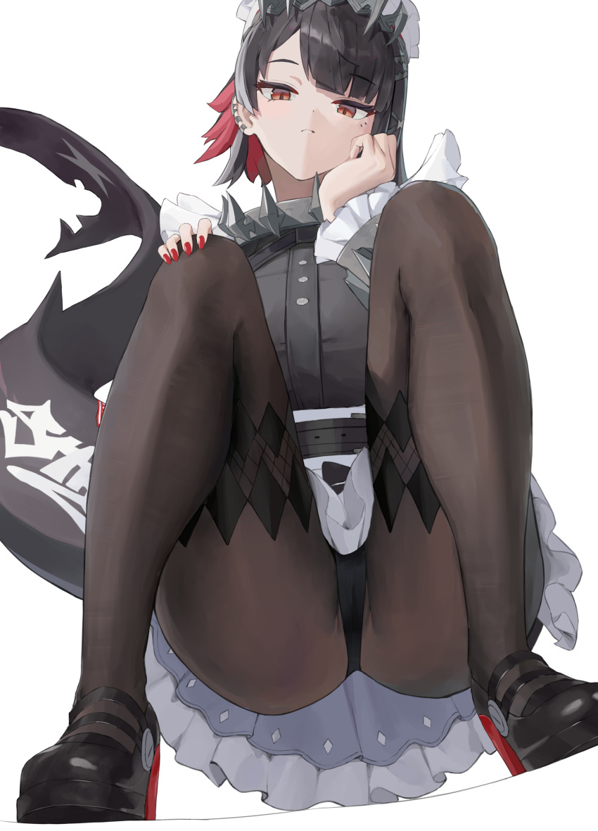 1girl absurdres black_dress black_hair black_pantyhose black_thighhighs breasts colored_inner_hair dress ellen_joe fins fish_tail highres liangfen looking_at_viewer maid maid_headdress multicolored_hair pantyhose puffy_short_sleeves puffy_sleeves red_eyes shark_tail short_hair short_sleeves solo squatting tail thighhighs thighs wrist_cuffs zenless_zone_zero