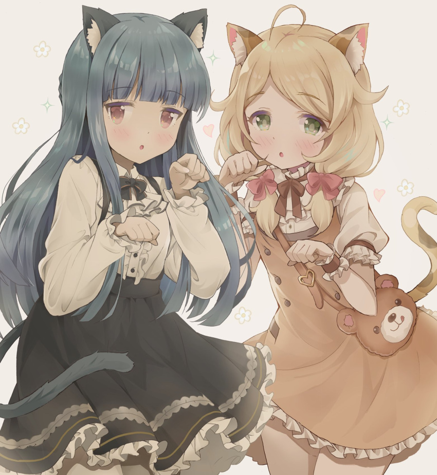 2girls animal_bag animal_ears ascot bear_bag blonde_hair blue_hair blush bow bowtie brown_eyes cat_ears cat_girl cat_tail center_frills collared_shirt dress frilled_dress frills green_eyes heart highres idolmaster idolmaster_cinderella_girls long_hair looking_at_viewer low_twintails medium_hair michii_yuuki multiple_girls neck_ribbon open_mouth paw_pose pinafore_dress ribbon sajo_yukimi shirt sleeveless sleeveless_dress sparkle tail twintails white_dress yusa_kozue