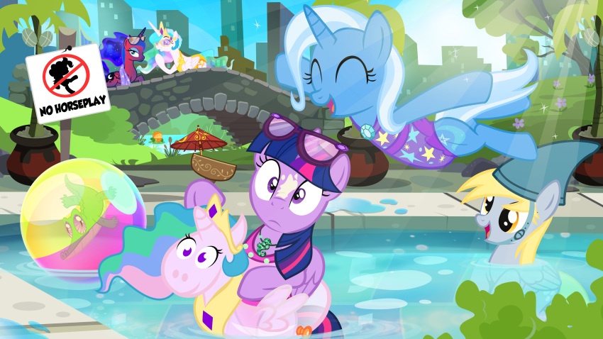 16:9 2019 4k absurd_res alligator alligatorid amphibian beverage bridge crocodilian derpy_hooves_(mlp) diving equid eyewear female food friendship_is_magic frog fruit gummy_(mlp) hi_res horn mammal my_little_pony orange_(fruit) pixelkitties plant princess_celestia_(mlp) princess_luna_(mlp) reptile scalie sun_burn sunglasses swimming_pool trixie_(mlp) twilight_sparkle_(mlp) unicorn water winged_unicorn wings