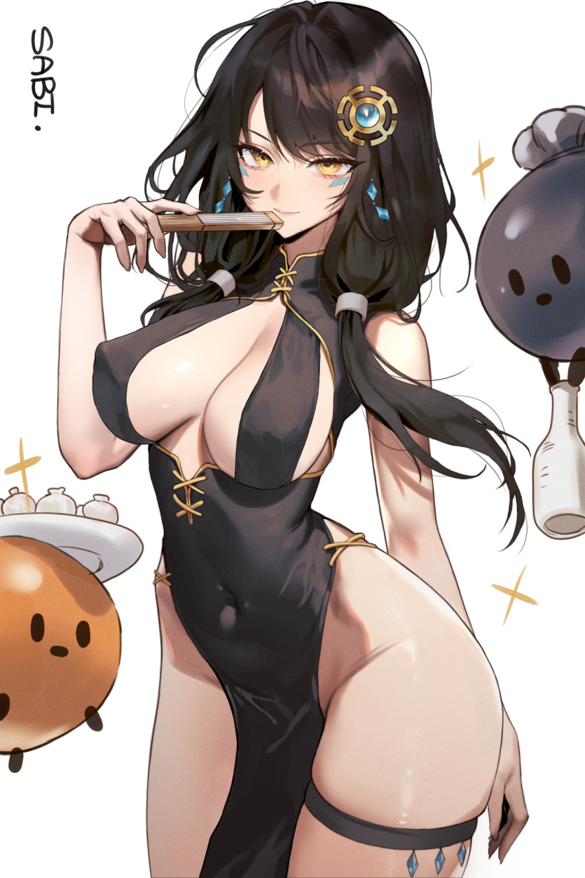 1girl arm_behind_back bare_arms bare_shoulders black_dress black_hair breasts china_dress chinese_clothes cleavage closed_mouth commission covered_navel covered_nipples cowboy_shot dress elsword eve_(2nas)_(elsword) eve_(elsword) facial_mark fan_to_mouth folding_fan gold_trim hair_ornament hair_over_shoulder hand_fan hand_up highres holding holding_fan long_hair looking_at_viewer low_twintails medium_breasts no_bra no_panties pelvic_curtain sabi_(ghke4333) second-party_source simple_background skindentation sleeveless sleeveless_dress smile solo standing thigh_strap thighs twintails white_background yellow_eyes