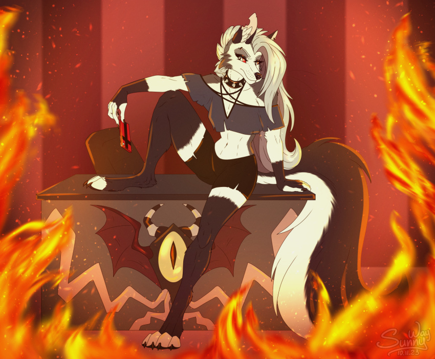 anthro art_reward boss canid canid_demon canine canis collar demon digital_media_(artwork) female furry hell hellfire hellhound hellhound_demon helluva helluva_boss hi_res invalid_tag loona mammal mythological_canine mythological_creature mythology paws pinup pose reward solo sunny_way wolf