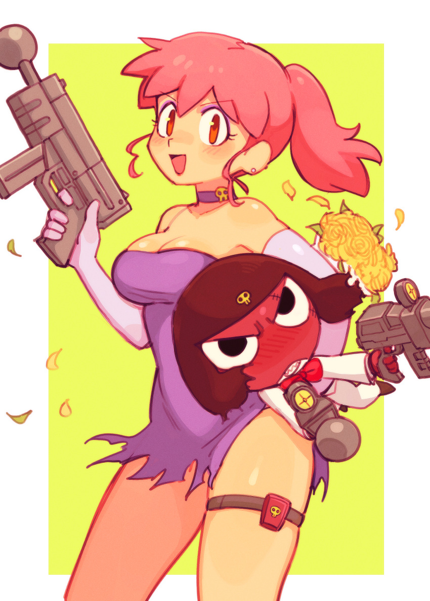 1boy 1girl batrobin_k blush bouquet breasts brown_eyes character_request cleavage dress earrings elbow_gloves eyeshadow giroro gloves gun highres hinata_natsumi holding holding_gun holding_weapon jewelry keroro_gunsou large_breasts looking_at_viewer makeup open_mouth pink_hair purple_dress purple_eyeshadow short_ponytail smile stud_earrings weapon white_gloves