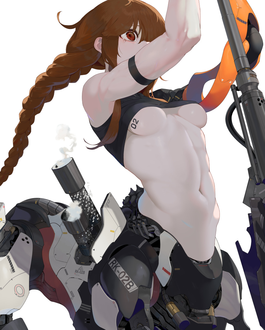 1girl absurdres arm_strap braid braided_ponytail breast_tattoo breasts brown_hair centauroid crop_top crying crying_with_eyes_open cyborg highres holding holding_polearm holding_weapon long_hair mechanical_arms navel original polearm single_braid single_mechanical_arm sleeveless smoke solo stomach tattoo taur tears underboob very_long_hair weapon yunimaru