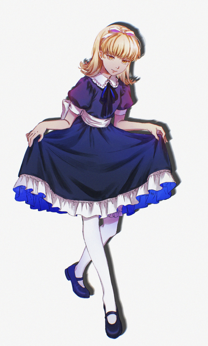 1girl absurdres alice_(megami_tensei) blonde_hair blue_dress blue_ribbon curtsey dress frilled_dress frills full_body hairband highres looking_at_viewer machihazure mary_janes medium_hair neck_ribbon pantyhose puffy_short_sleeves puffy_sleeves ribbon shin_megami_tensei shoes short_sleeves simple_background smile solo white_background white_pantyhose yellow_eyes